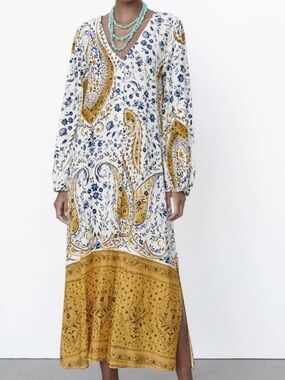 Zara White Maxi Dress with Mustard and Navy Paisley Print - Long Sleeve